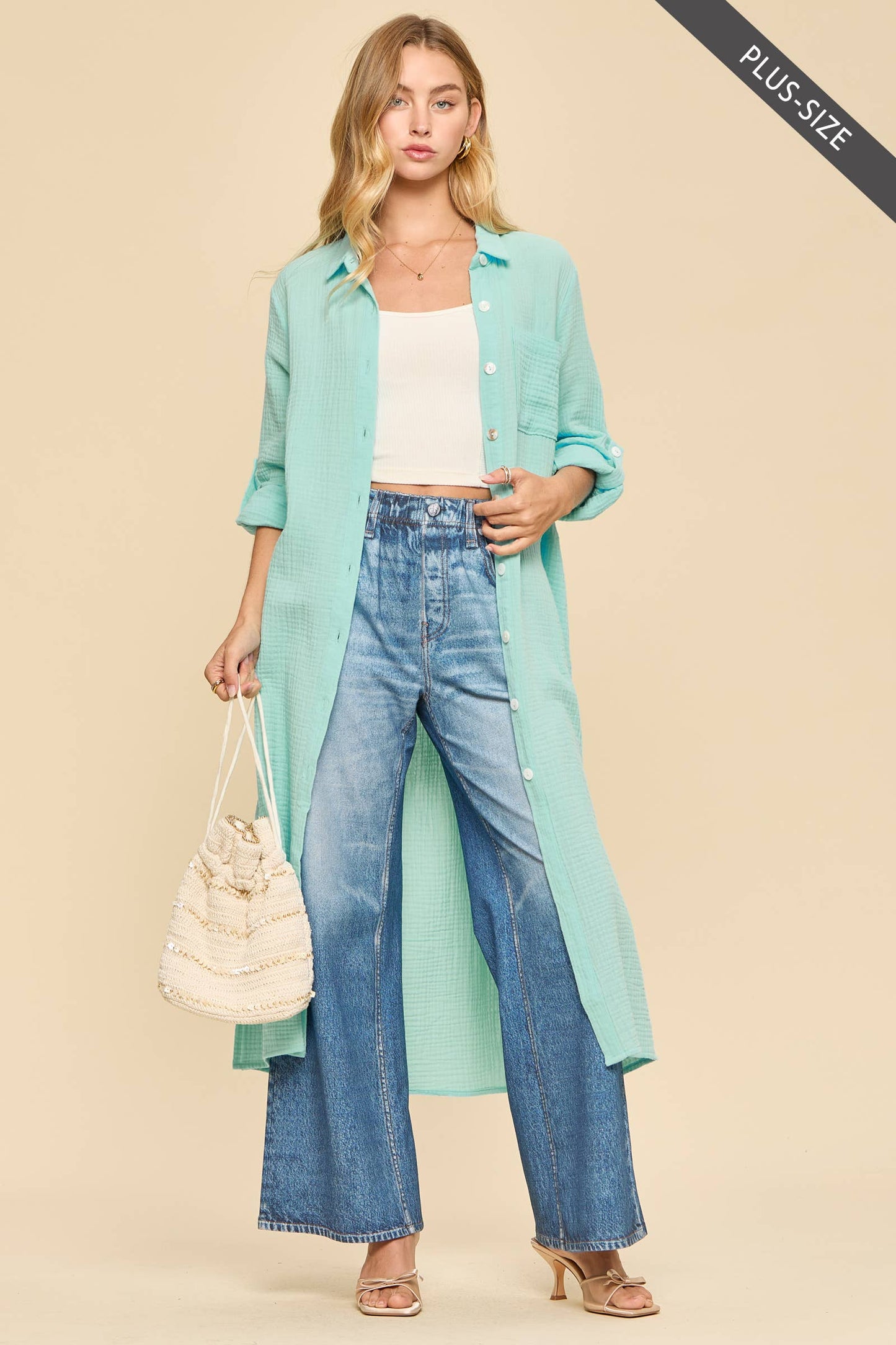 Dear Scarlett  Breathable Cotton Button-Down Duster: PEACH SORBET
