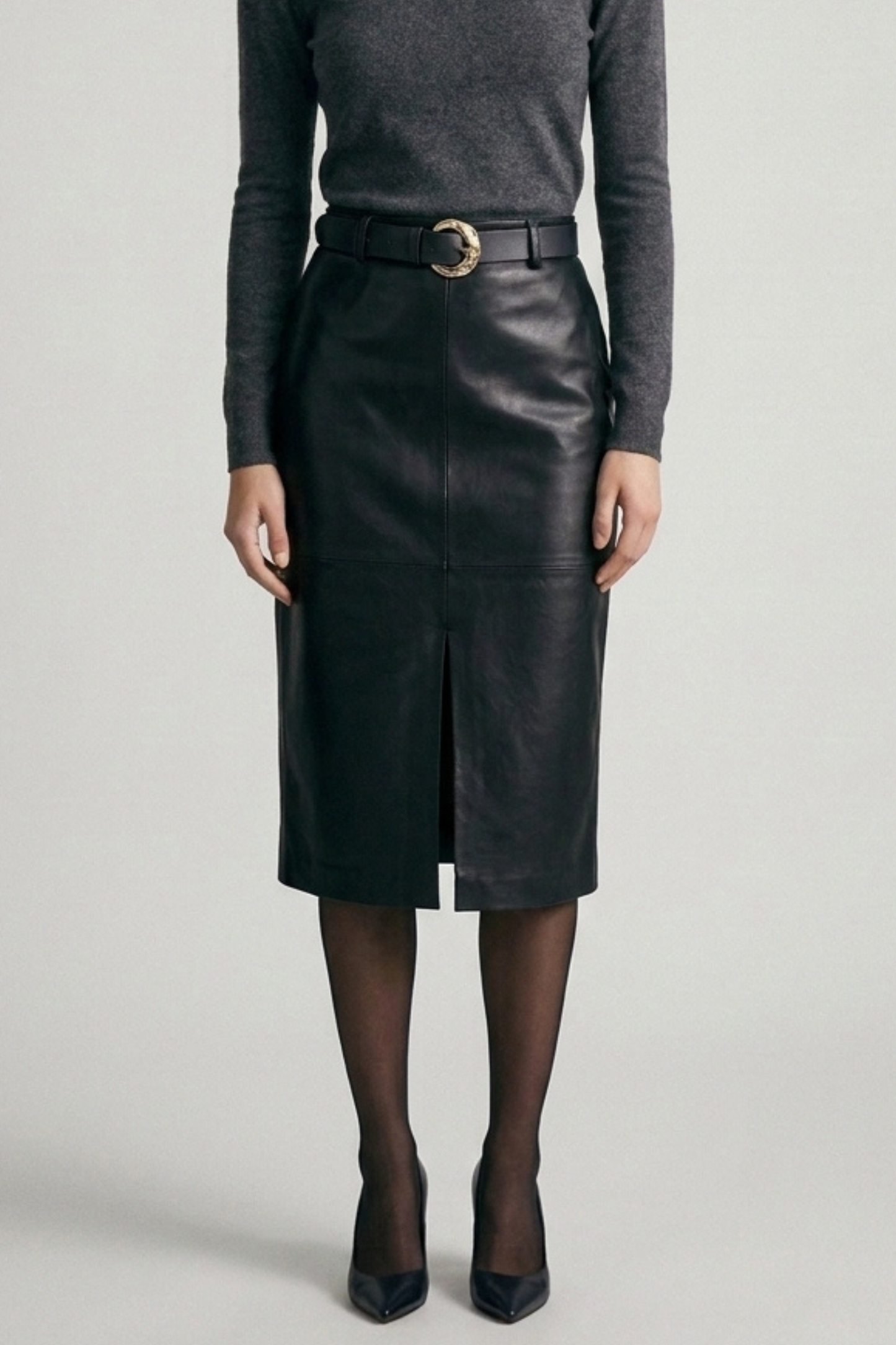 42POPS -  Midi Leather Skirt w/ Leather Belt