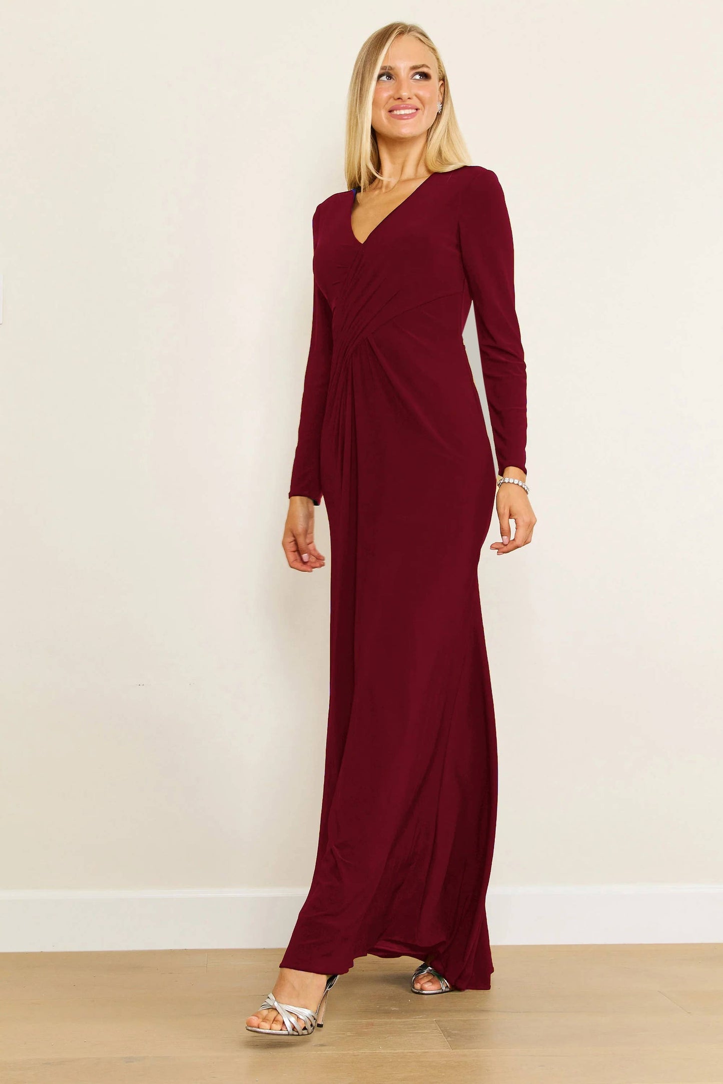 Kos Couture - Formal Stretch Evening Gown with Long Sleeves: Burgundy / 2XL Kos Couture - Formal Stretch Evening Gown with Long Sleeves: Burgundy / 2XL