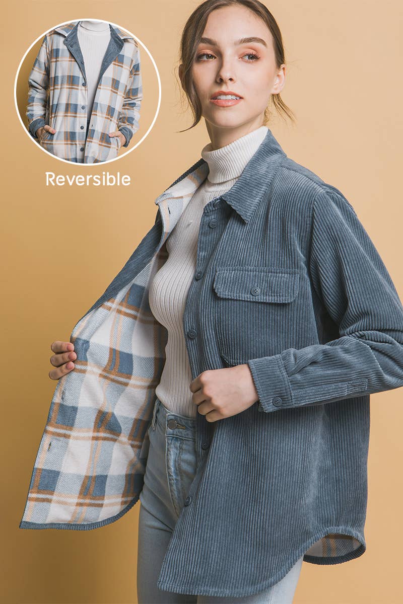 42POPS -  Corduroy Reversible Button Down Jacket: BLUE STONE