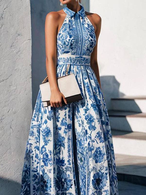 UZ Wholesale Store - Floral Print A-Line Maxi Dress with Split Lapel - Loose Fit: BLUE / M