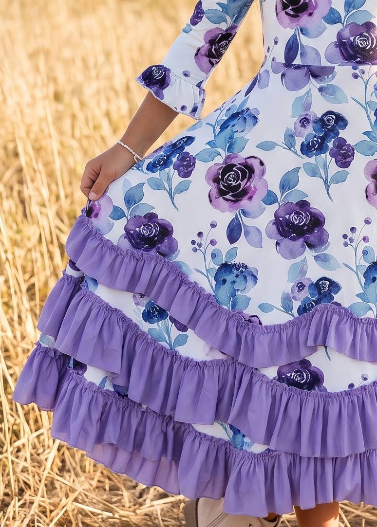 Oopsie Daisy - Girls Lavender Winter Floral Long Sleeve Ruffles Dress: 7/8