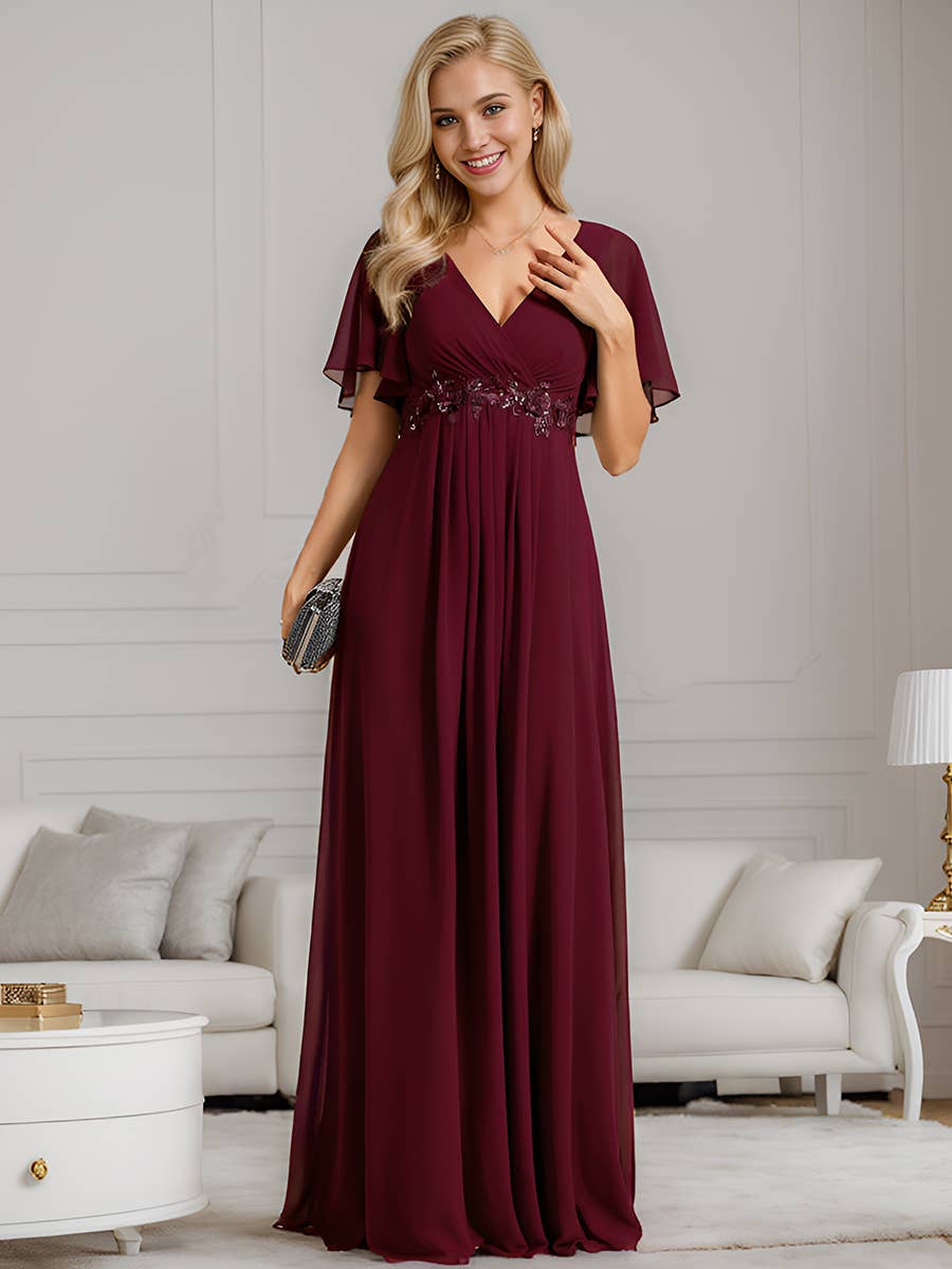 Ever-Pretty - V Neck Appliques Pleated Bridesmaid Dress: Burgundy / 12