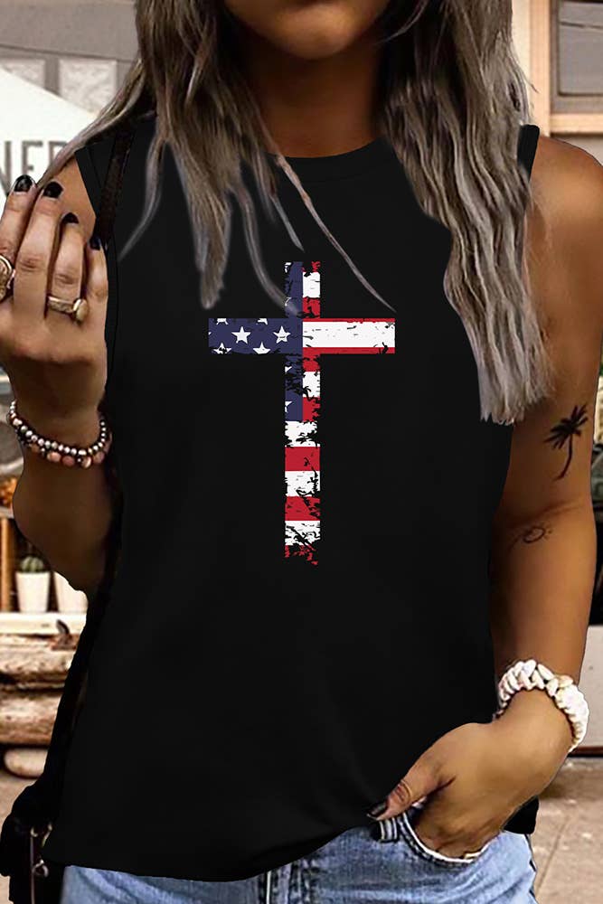 UNISHE - USA Flag Cross Christian Print Graphic Tank Top STC125D50: White / L