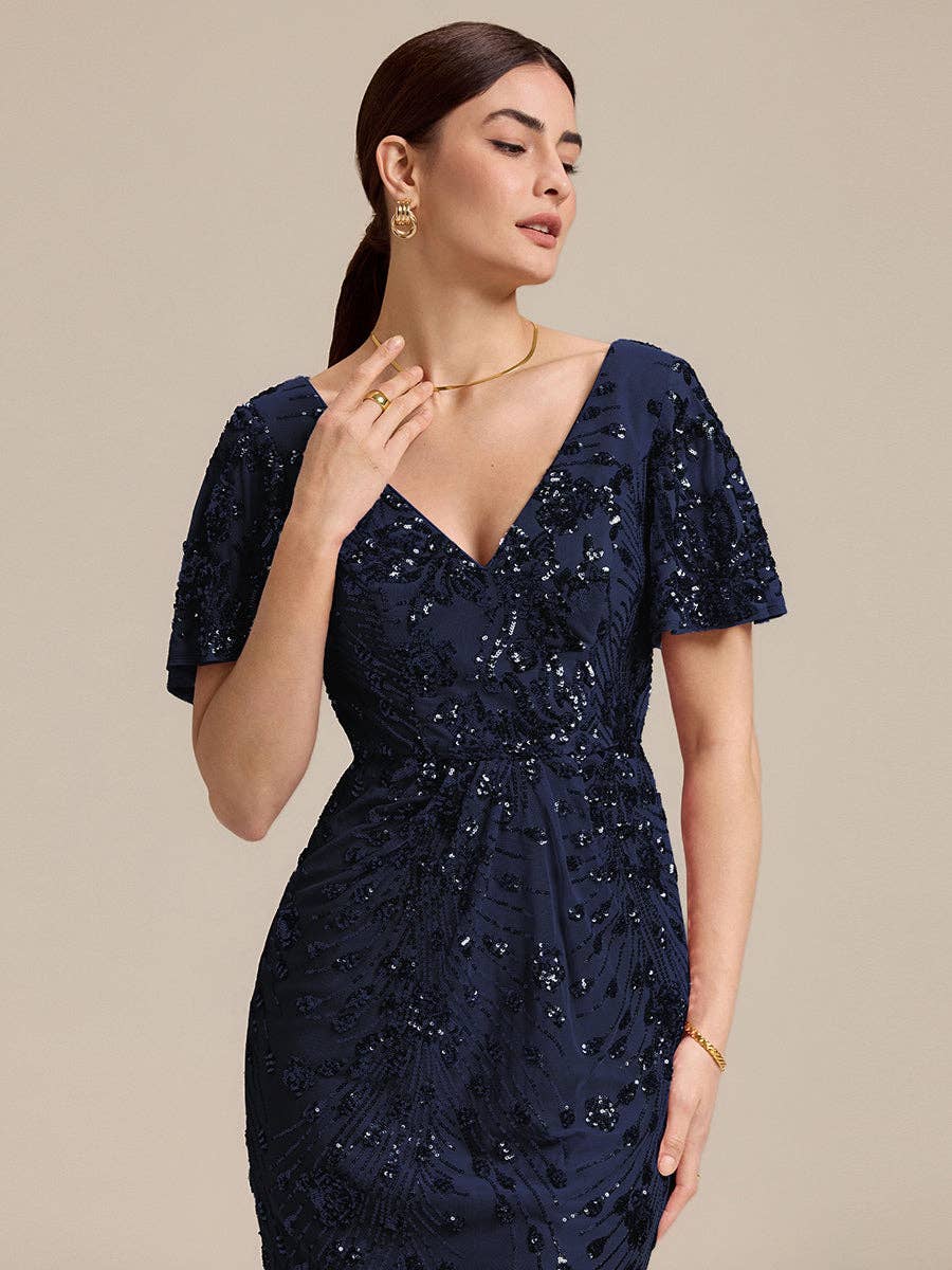 Ever-Pretty - Strapless Deep Fishtail Paillette Midi Evening Dresses: Sapphire Blue / 22