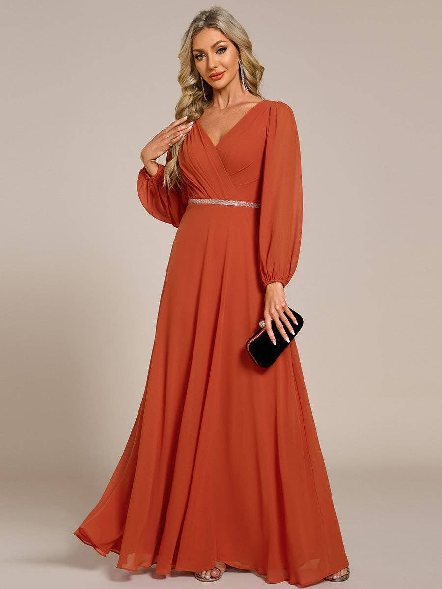 Ever-Pretty - Elegant waisted chiffon V-neck Long Sleeve guest Dress: Burgundy / 12