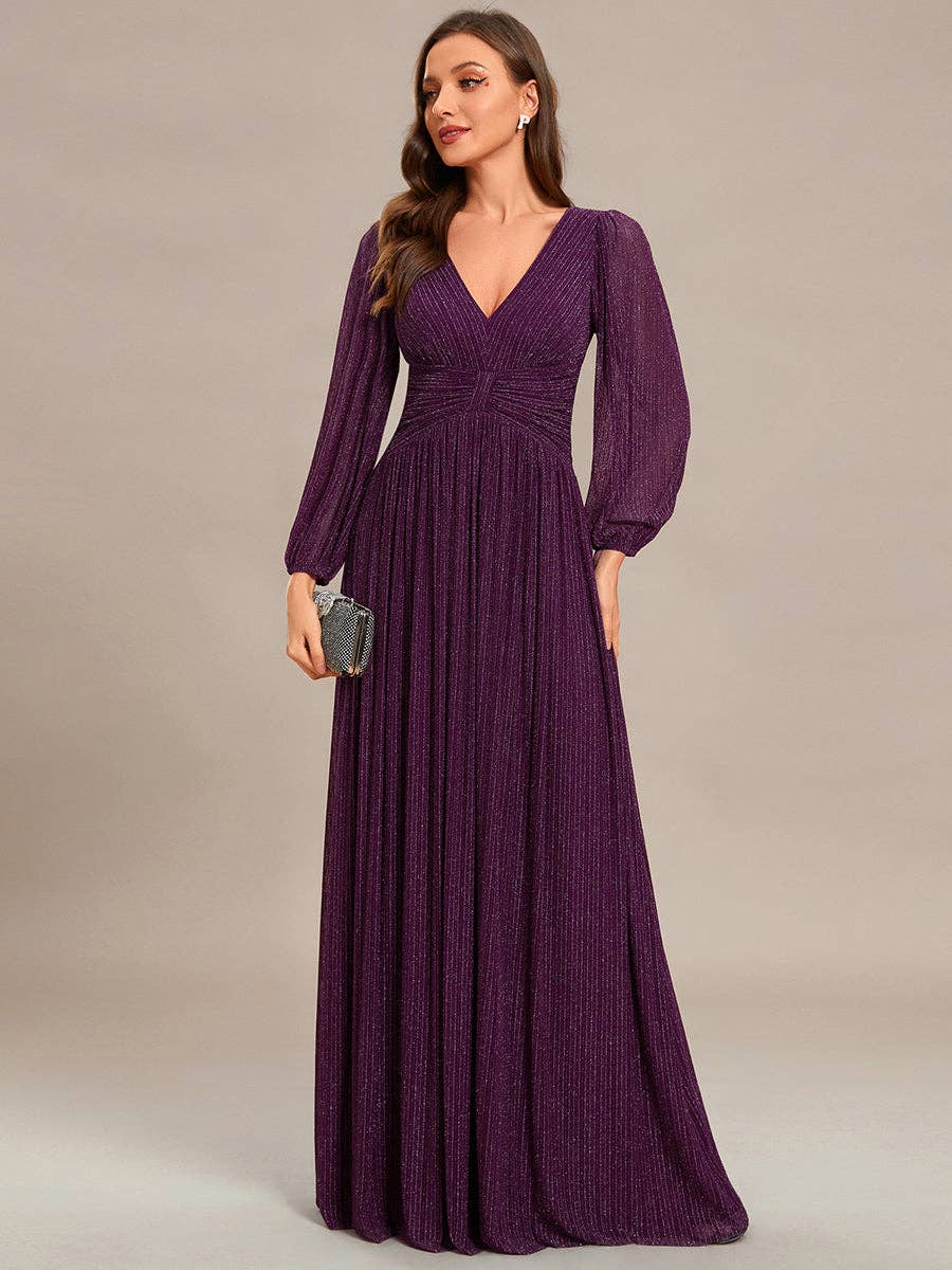 Ever-Pretty - Maxi Long Chiffon Waist V Neck Long Sleeves Evening Dress: Burgundy / 14