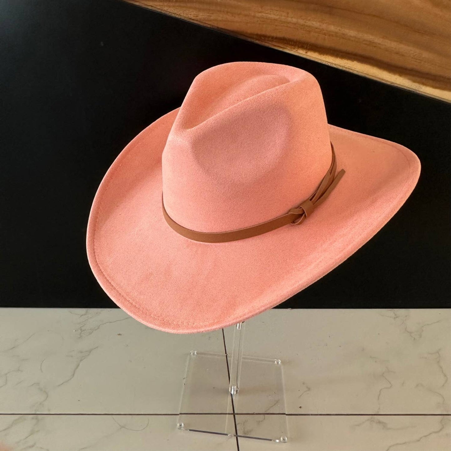 Queens INC - Fashion Vegan suede Cowboy hat  W/ Leather Belt: CAMEL / ONE SIZE