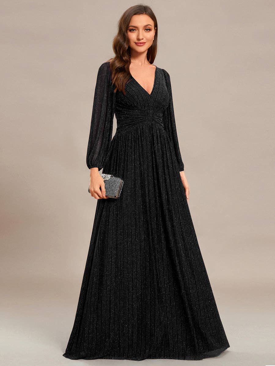 Ever-Pretty - Maxi Long Chiffon Waist V Neck Long Sleeves Evening Dress: Burgundy / 14