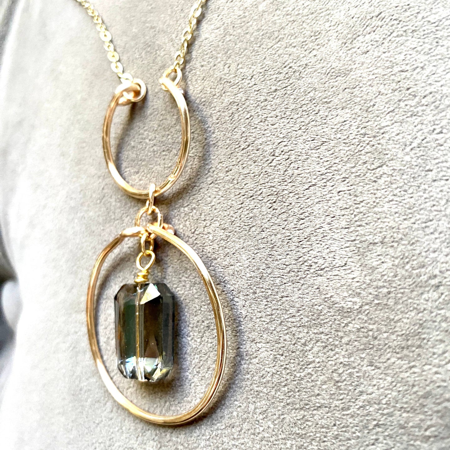 Marble Designs Jewelry - Gold Hammered Hoop Crescent Crystal Pendant: Champagne