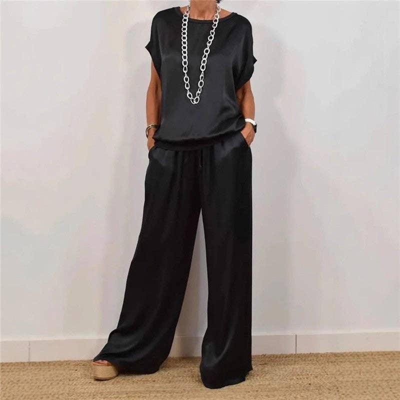 UZ Wholesale Store - Casual Pure Color Loose Tee Wide Leg Pants Set: BLACK / 2XL
