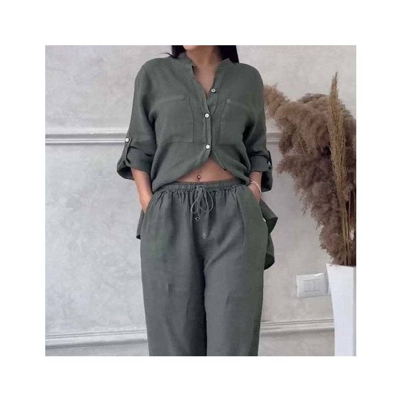 UZ Wholesale Store - Casual Solid Shirt Drawstring Wideleg Pants Set: BLACK / M