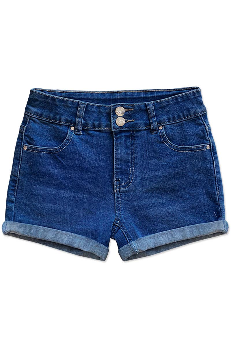 Cutie Patootie Clothing - GDS-22-89112B Girls Denim Short w/ 2 Buttons & Roll-Up Hem: Dark Denim