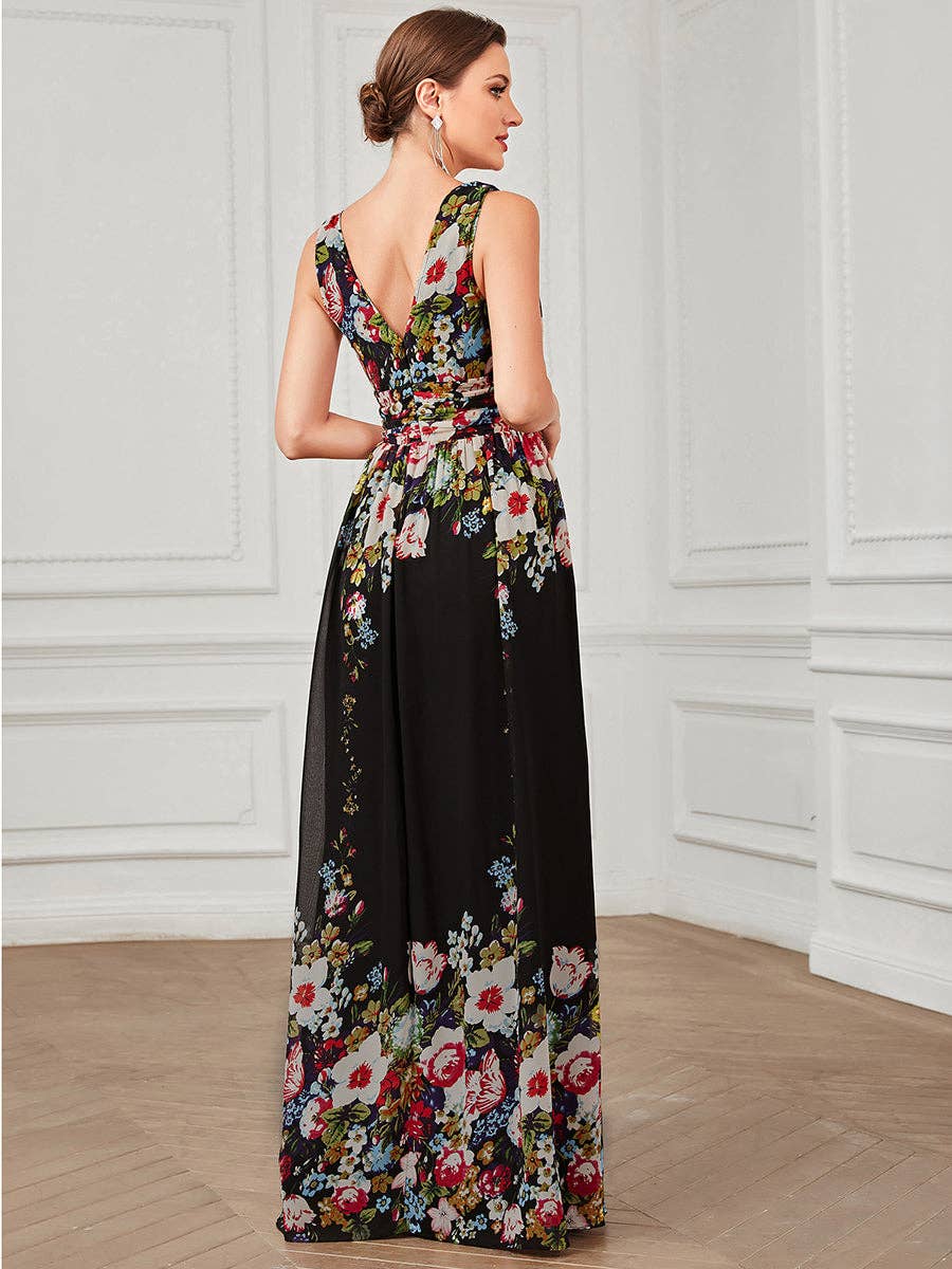 Ever-Pretty - Elegant Maxi Long Evening Dress With Double V-Neck: Black & Printed / 10