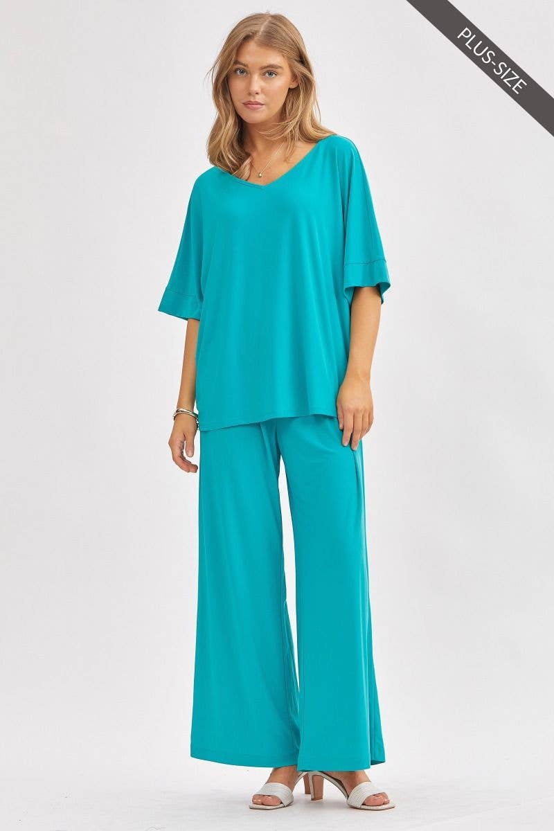 Dear Scarlett - PLUS SIZE Stylish Flowy Top + Wide Leg Set TRVSET-CABANAP: EMERALD / 2X
