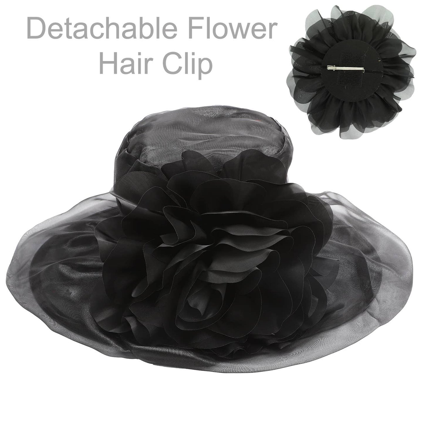SP Sophia Collection - Wide Brim Organza Hat with Detachable Floral Fascinator Clip: Black