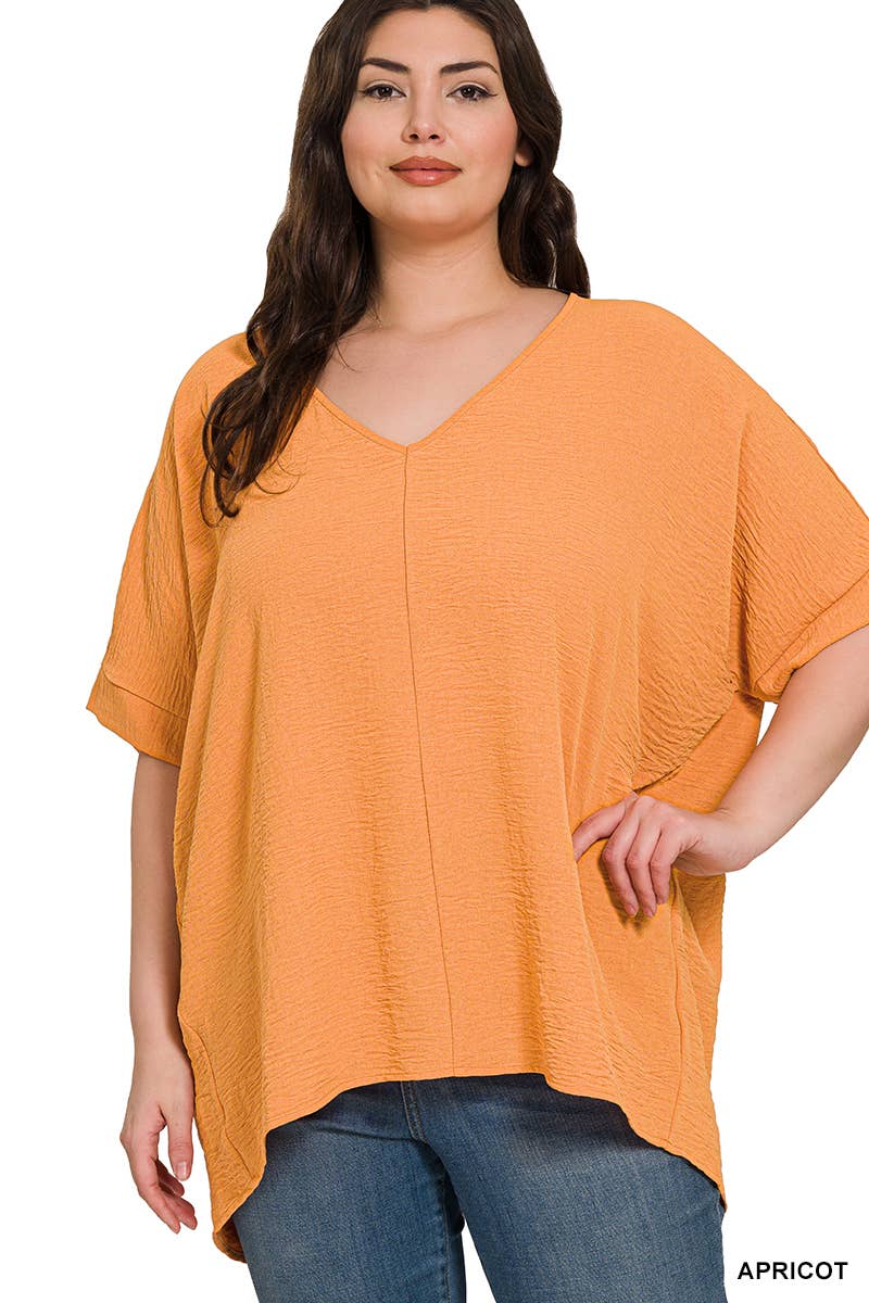 42POPS - PLUS SIZE WOVEN AIRFLOW V-NECK DOLMAN SHORT SLEEVE TOP: FUCHSIA-152206 / 1X