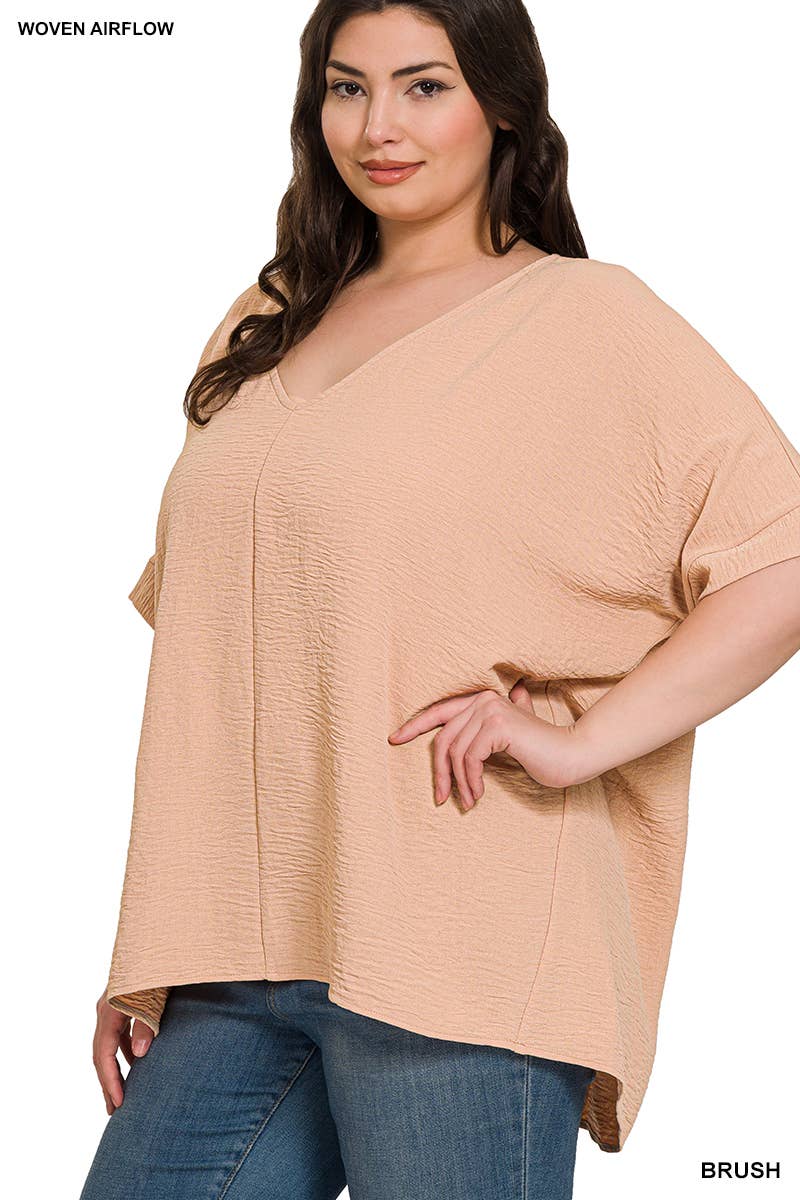 42POPS - PLUS SIZE WOVEN AIRFLOW V-NECK DOLMAN SHORT SLEEVE TOP: LT NAVY-152211 / 3X