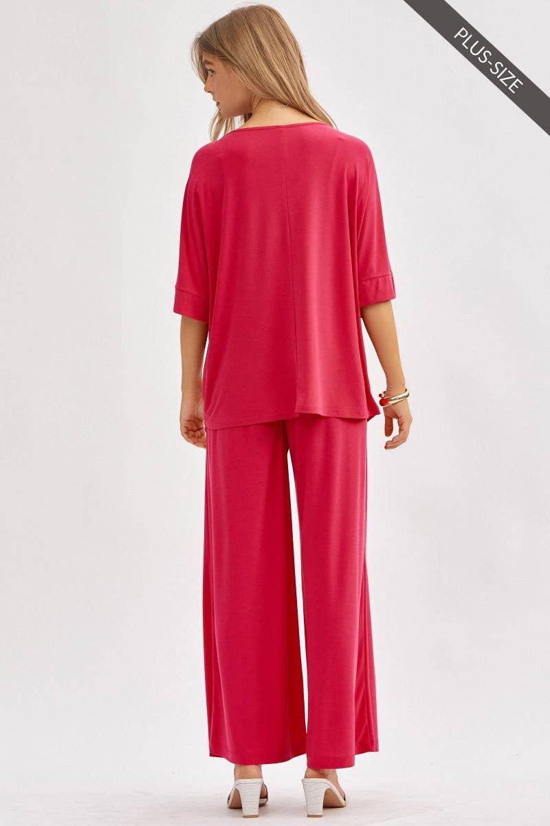 Dear Scarlett - PLUS SIZE Stylish Flowy Top + Wide Leg Set TRVSET-CABANAP: EMERALD / XL