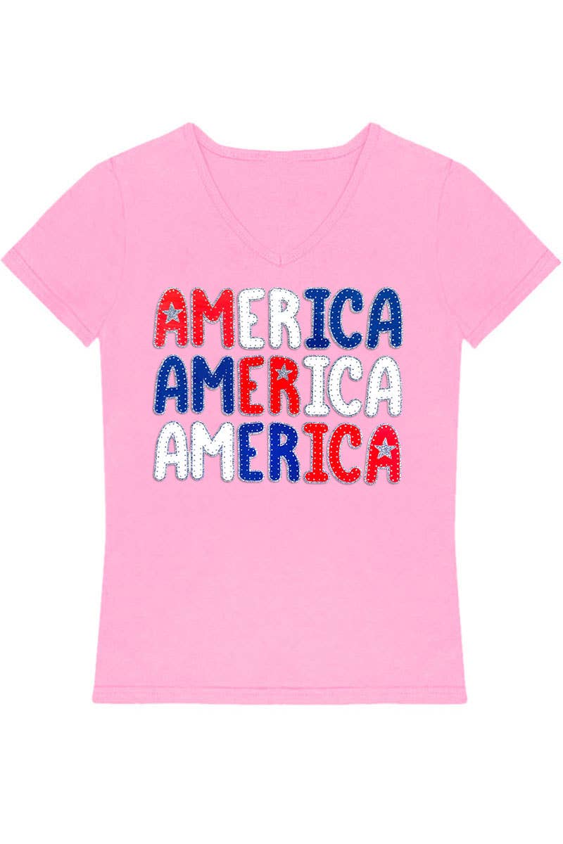 Cutie Patootie Clothing - GKT-16811B-588 Girl's V-Neck 'America' Graphic Tee