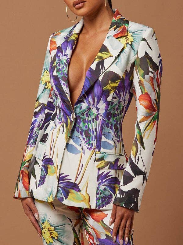UZ Wholesale Store - Long Sleeves Floral Printed Split-Joint Lapel Suit Outerwear: COLORFUL / S