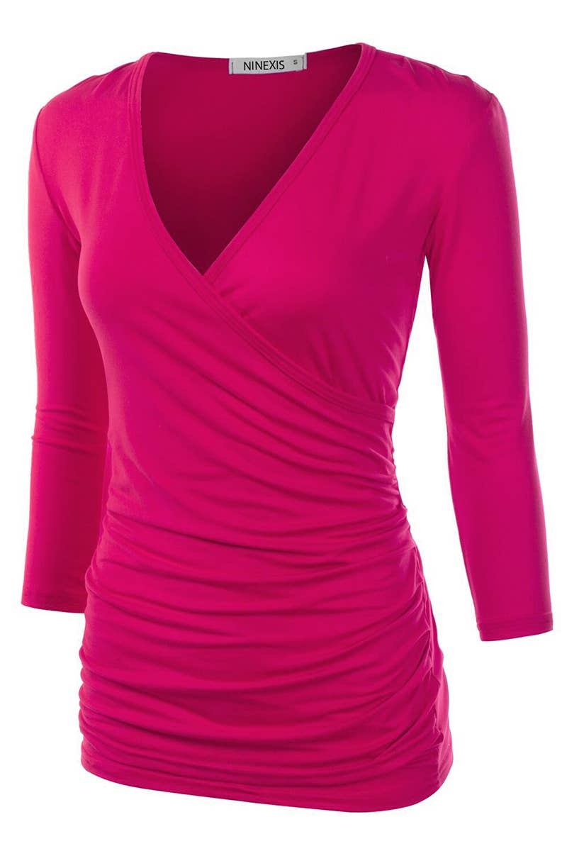 NINEXIS - CWTTL1403_3/4 Sleeve Tank Tops Deep V-Neck Surplice Wrap: NAVY / (S) 1