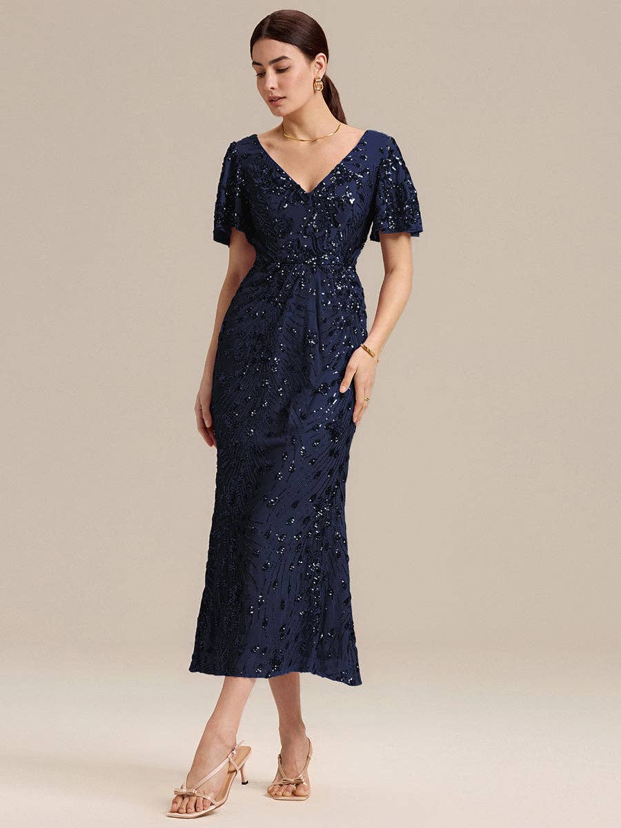 Ever-Pretty - Strapless Deep Fishtail Paillette Midi Evening Dresses: Sapphire Blue / 22