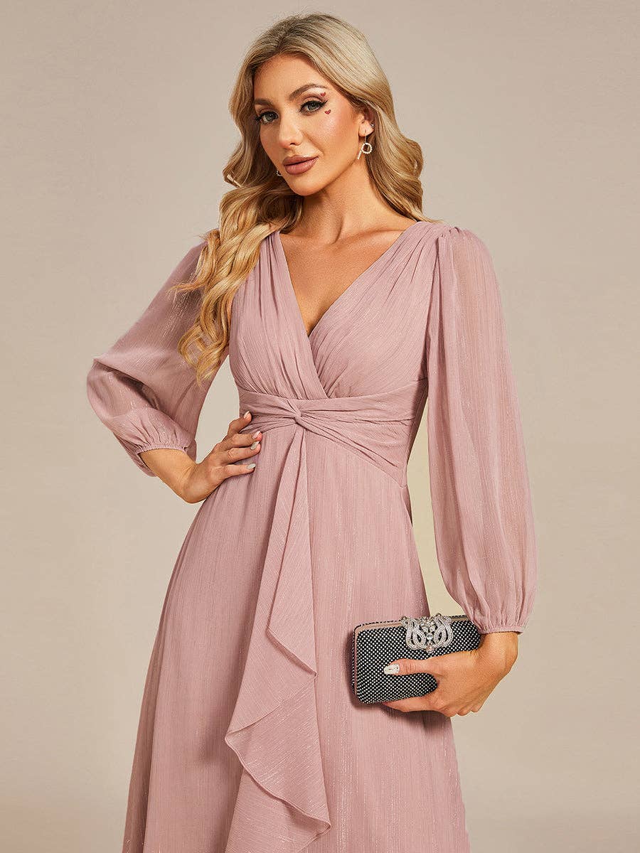 Ever-Pretty - Shiny Chiffon Wedding Guest Dress with Long Sleeve: Black / 12