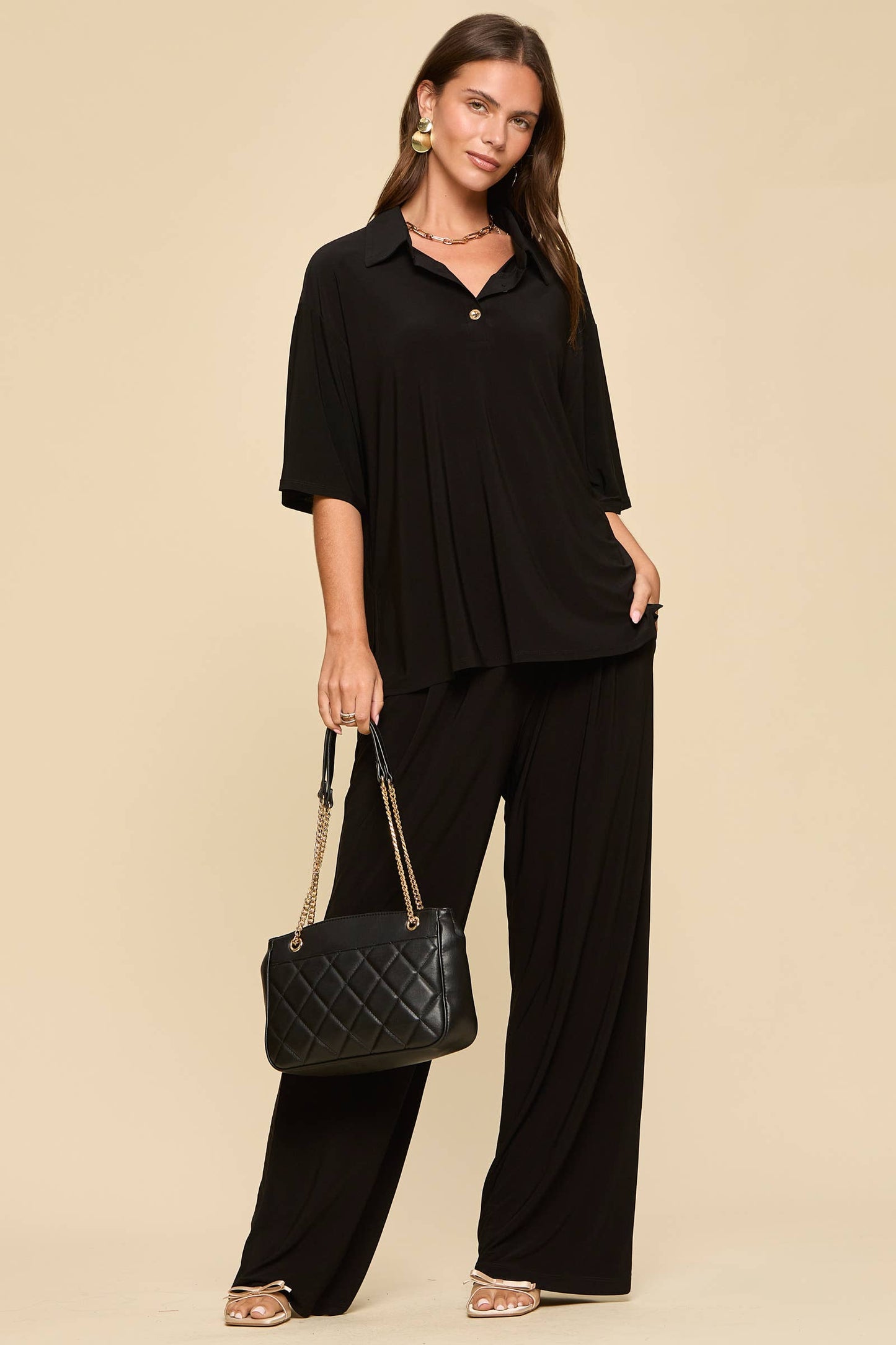 Dear Scarlett - 2-Piece Blouse + Relaxed Pants Resort Wear Set: BLACK / M