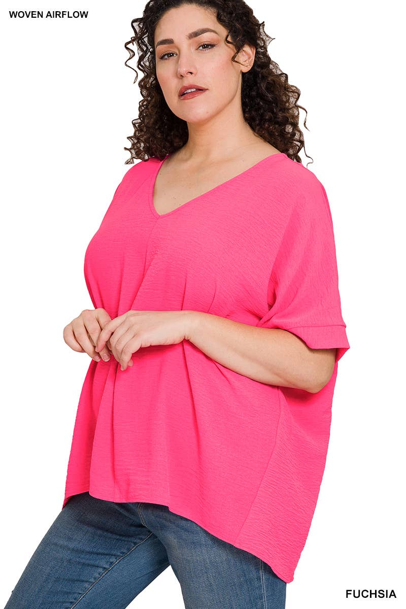 42POPS - PLUS SIZE WOVEN AIRFLOW V-NECK DOLMAN SHORT SLEEVE TOP: FUCHSIA-152206 / 1X