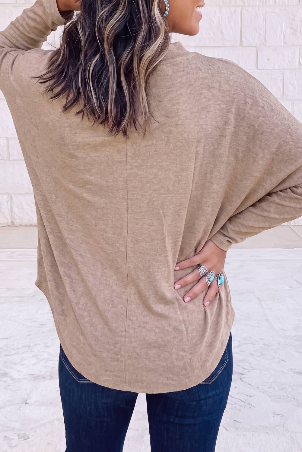1 the Woman - Oversized Mock Neck Long Sleeve Layering Basic Blouse: Smoke Gray / L