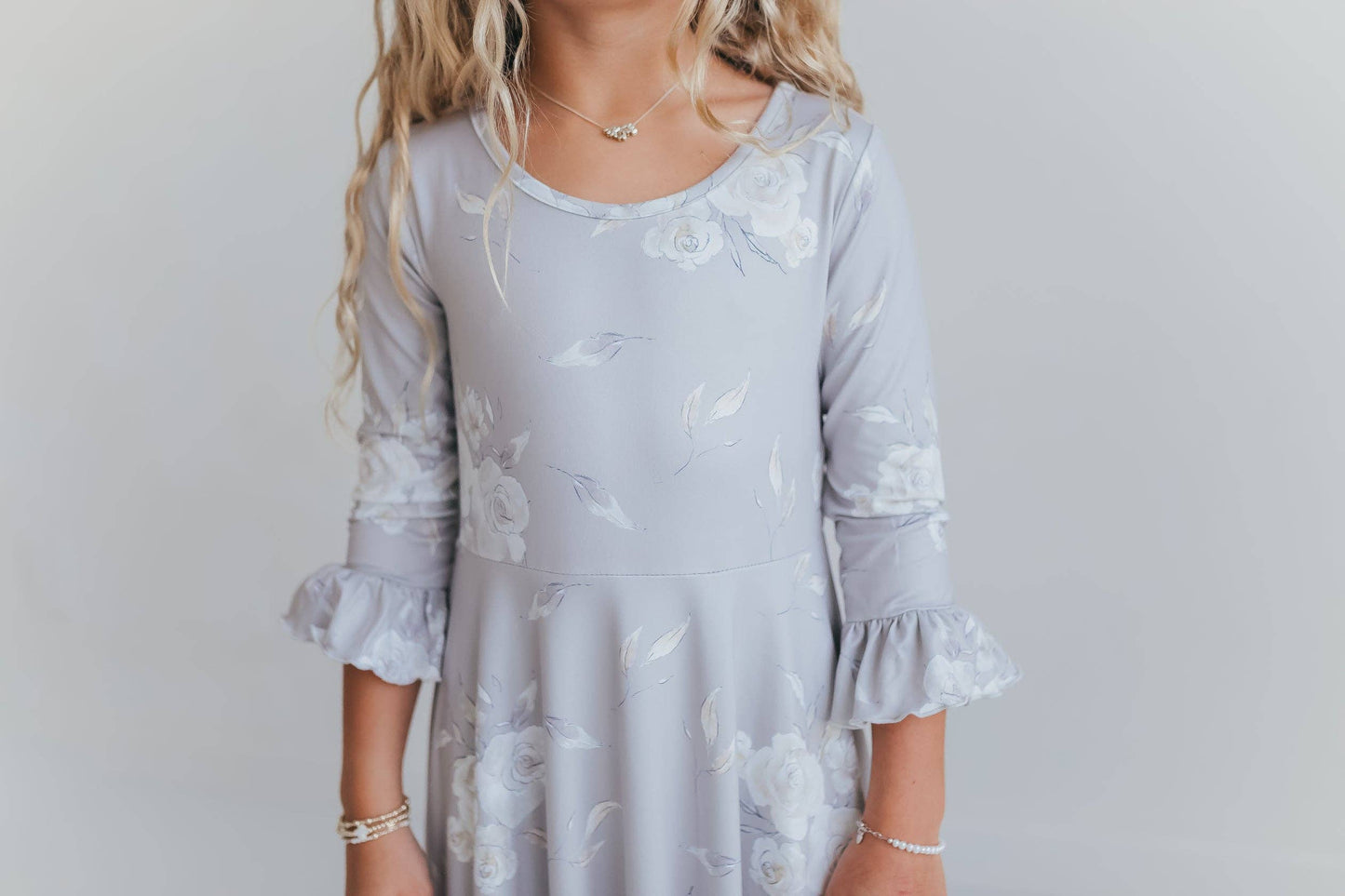 Oopsie Daisy - Girls Winter Rose Floral Long Sleeve Ruffles Dress: 3/4