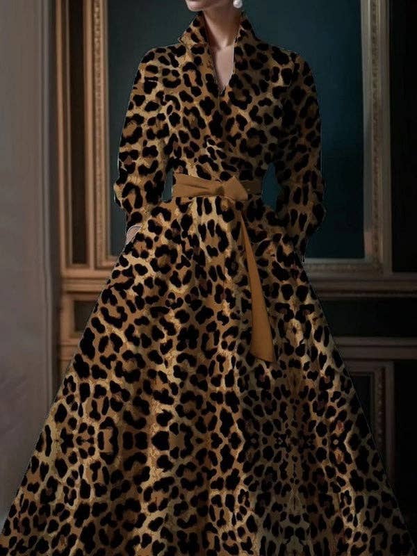 Sheer Trend - High Waisted Long Sleeves Bandage Leopard Pockets Stand Collar Maxi Dresses: KHAKI / 2XL