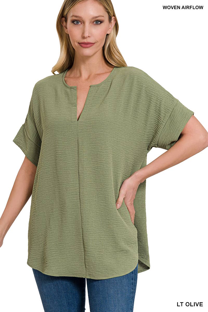 42POPS -Woven Airflow Split Neck Short Sleeve Top in Mint