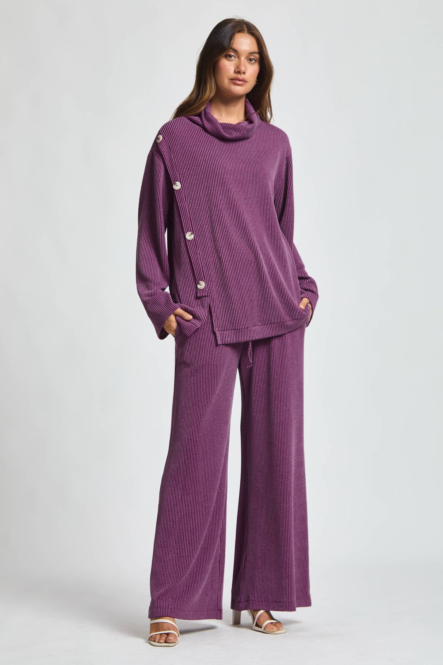 Dear Scarlett - 2-Piece Cowl Neck Ribbed Set TRVSET-LAVISH: WINE