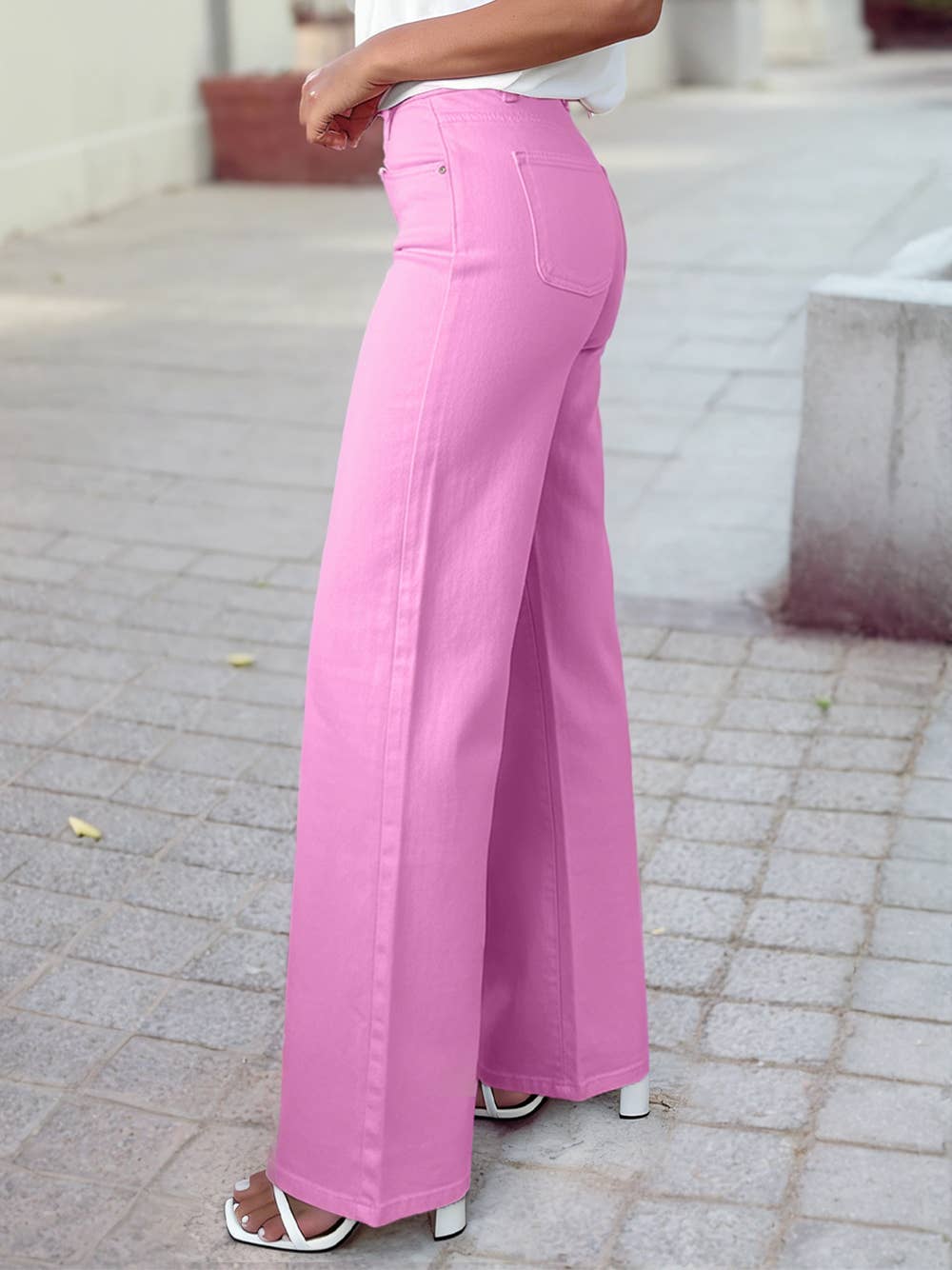 1 the Woman - High Waisted Double Button Wide Leg Elastic Denim Jeans: Black / 6