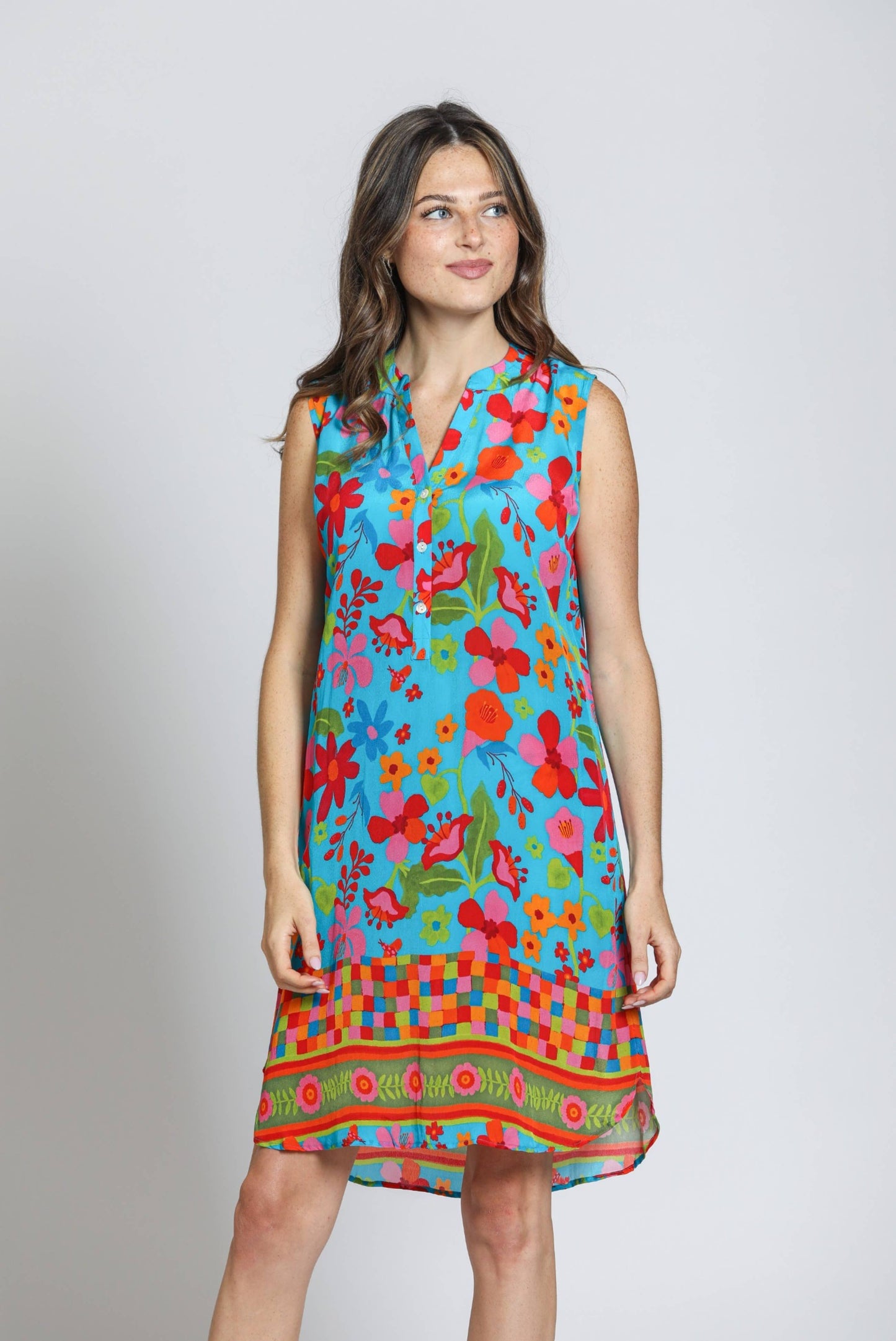 APNY - Sleeveless 1/2 Button-Up Dress - Blue Multi: Blue Multi / L