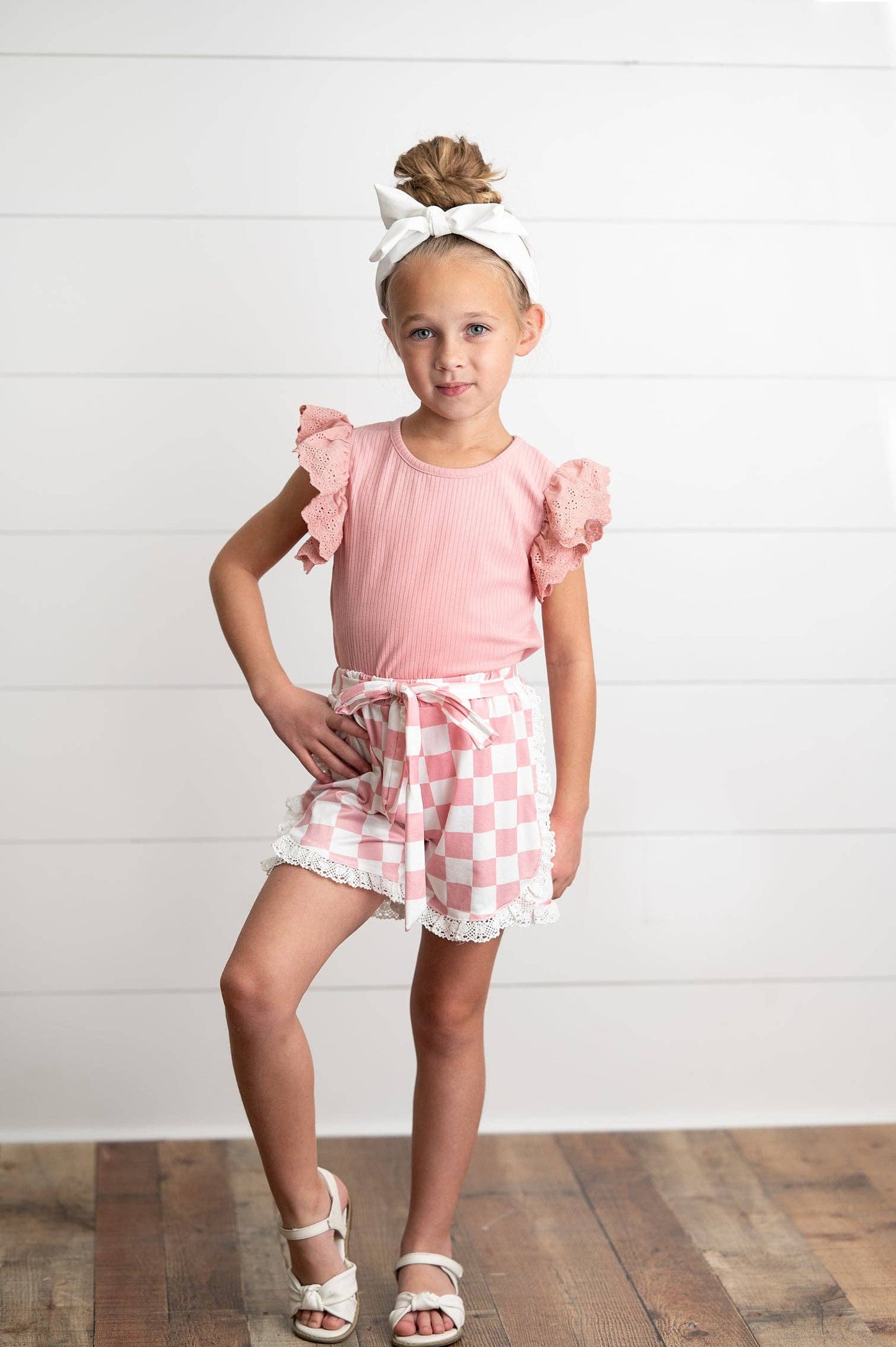 Oopsie Daisy - Girls Pink Lace Checkered Spring Summer Ruffle Short Set: 10/12