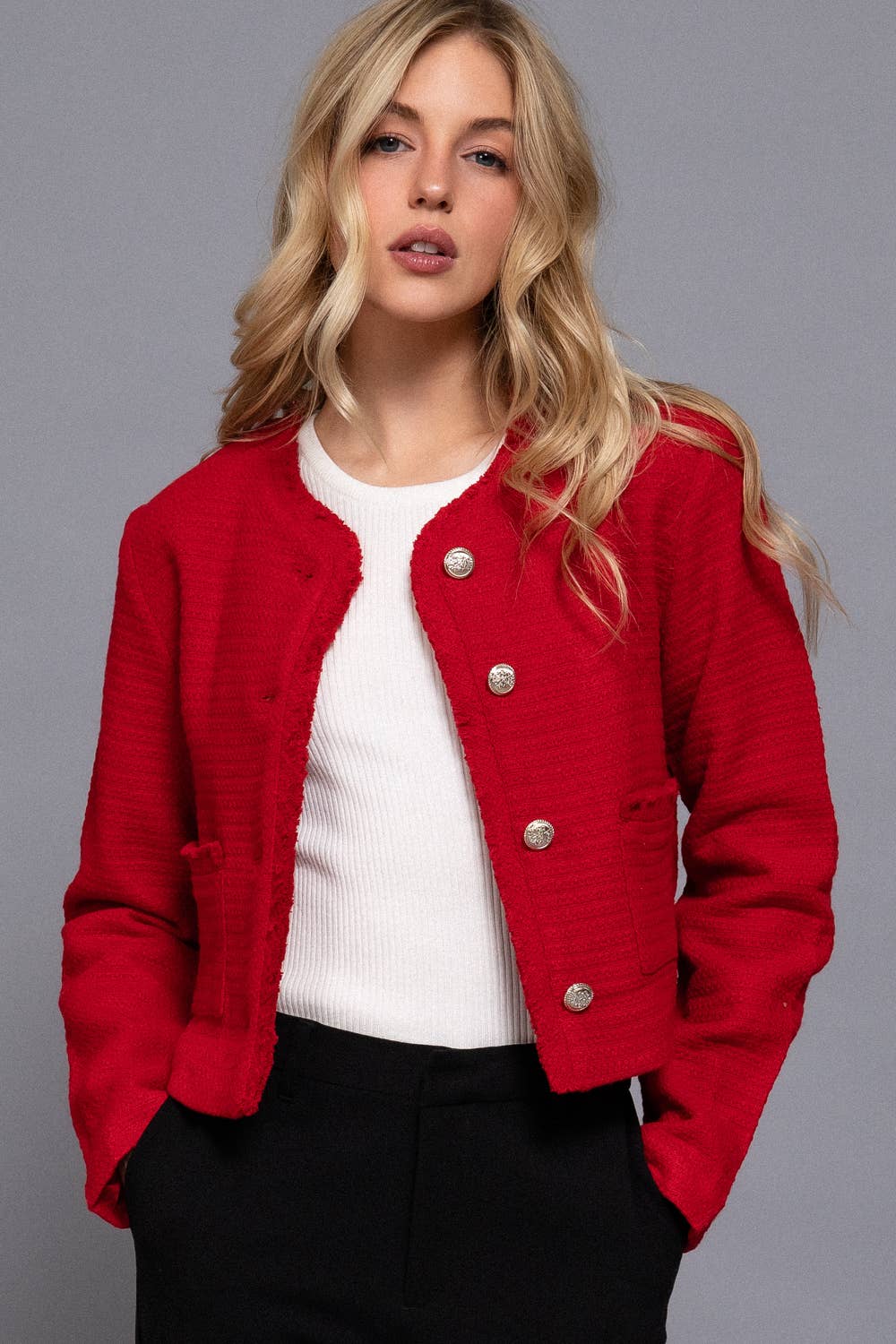 42POPS -  Button Down Tweed Jacket: RED
