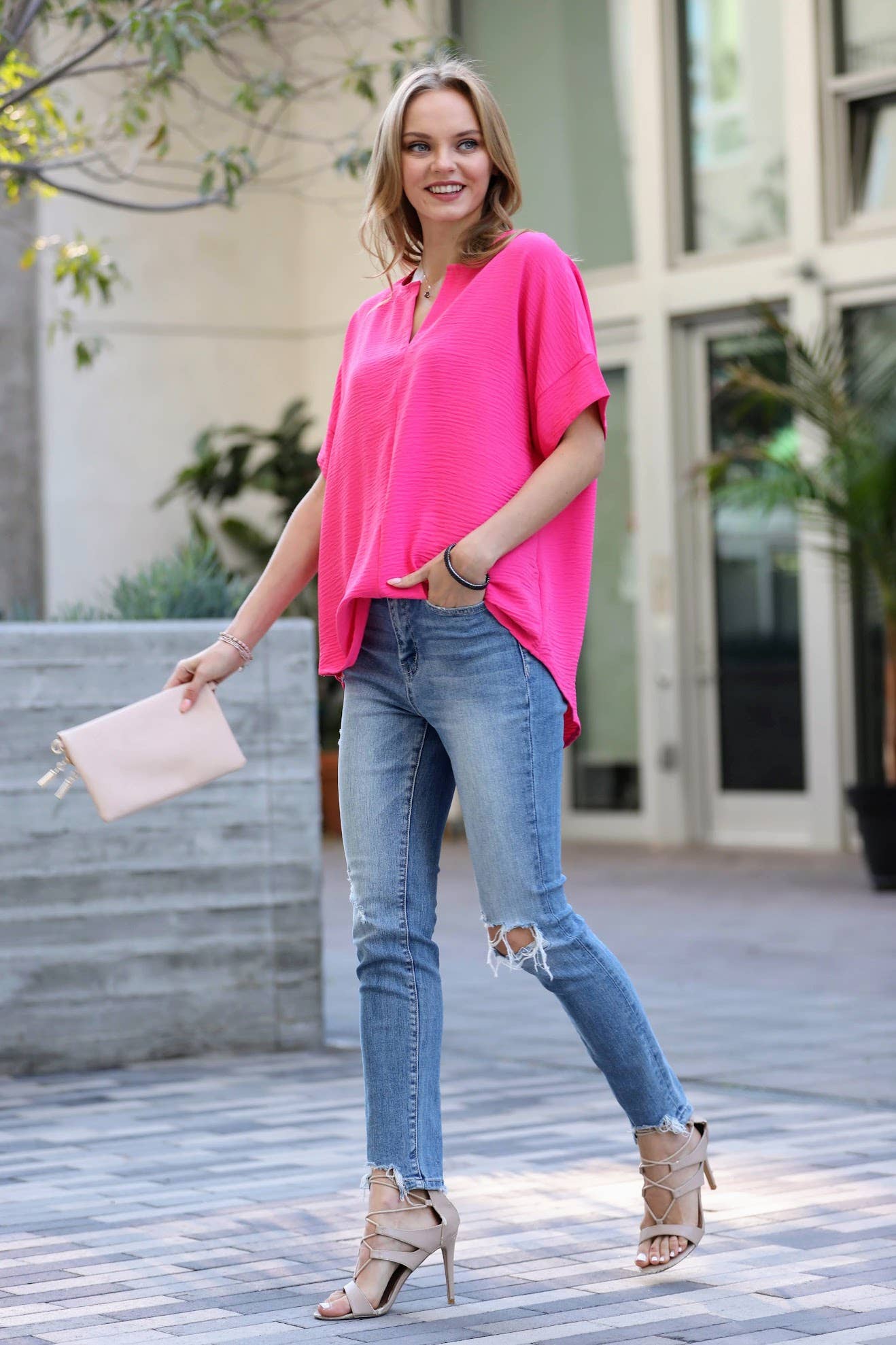 42POPS-Woven Airflow Split Neck Short Sleeve Top Coral