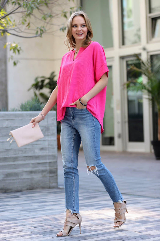 42POPS -Woven Airflow Split Neck Short Sleeve Top Fuschia