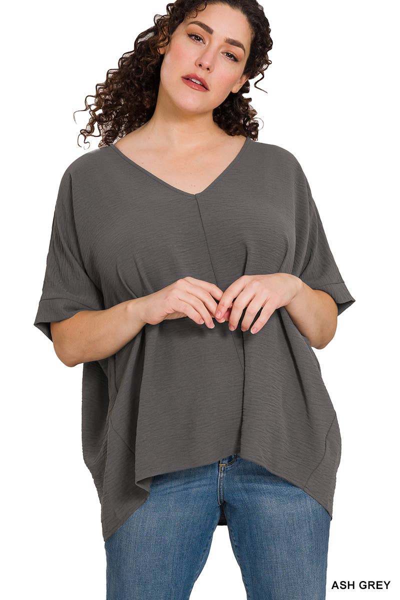 42POPS - PLUS SIZE WOVEN AIRFLOW V-NECK DOLMAN SHORT SLEEVE TOP: LT NAVY-152211 / 1X