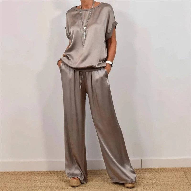 UZ Wholesale Store - Casual Pure Color Loose Tee Wide Leg Pants Set: BLACK / L