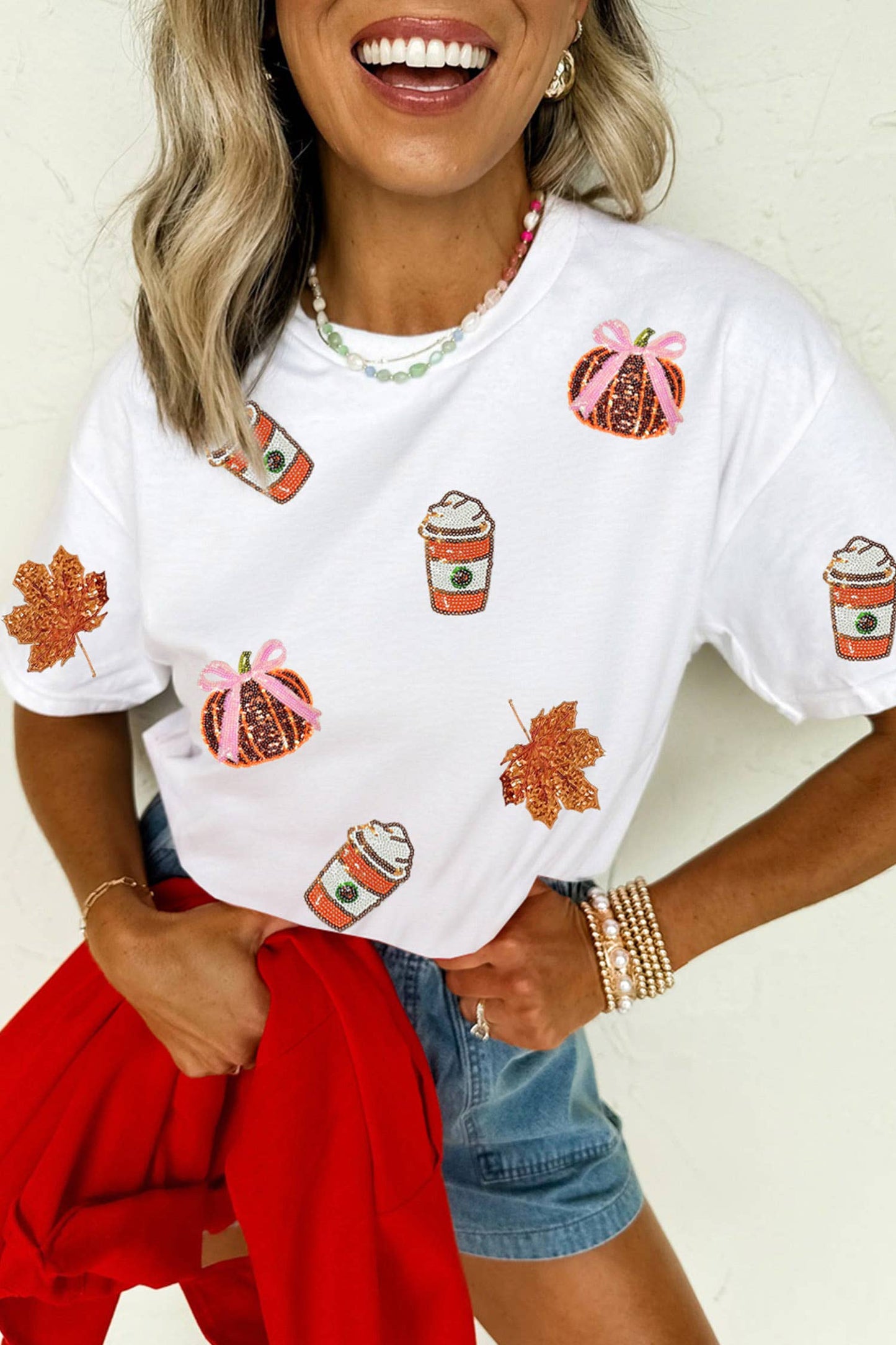 66DISCO - 66Sequined Pumpkin Fall Graphic Casual Shift T Shirt (S-3XL): White / L