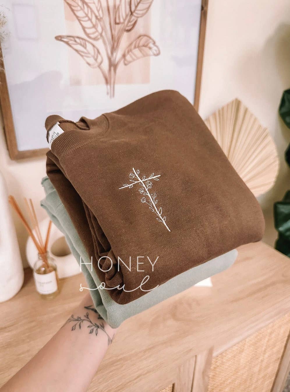 Honey Soul LLC - Embroidered Floral Cross Sweatshirt: Stonewash Green / Small