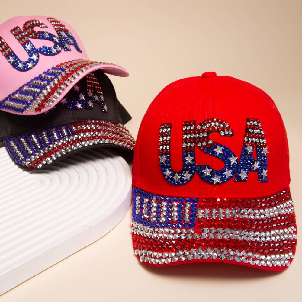 SP Sophia Collection - American "USA" Flag Rhinestone Embellished Baseball Cap: Red