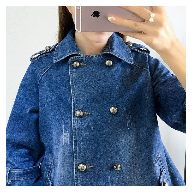 UZ Store - Double Breasted Loose Denim Jacket:  BLUE
