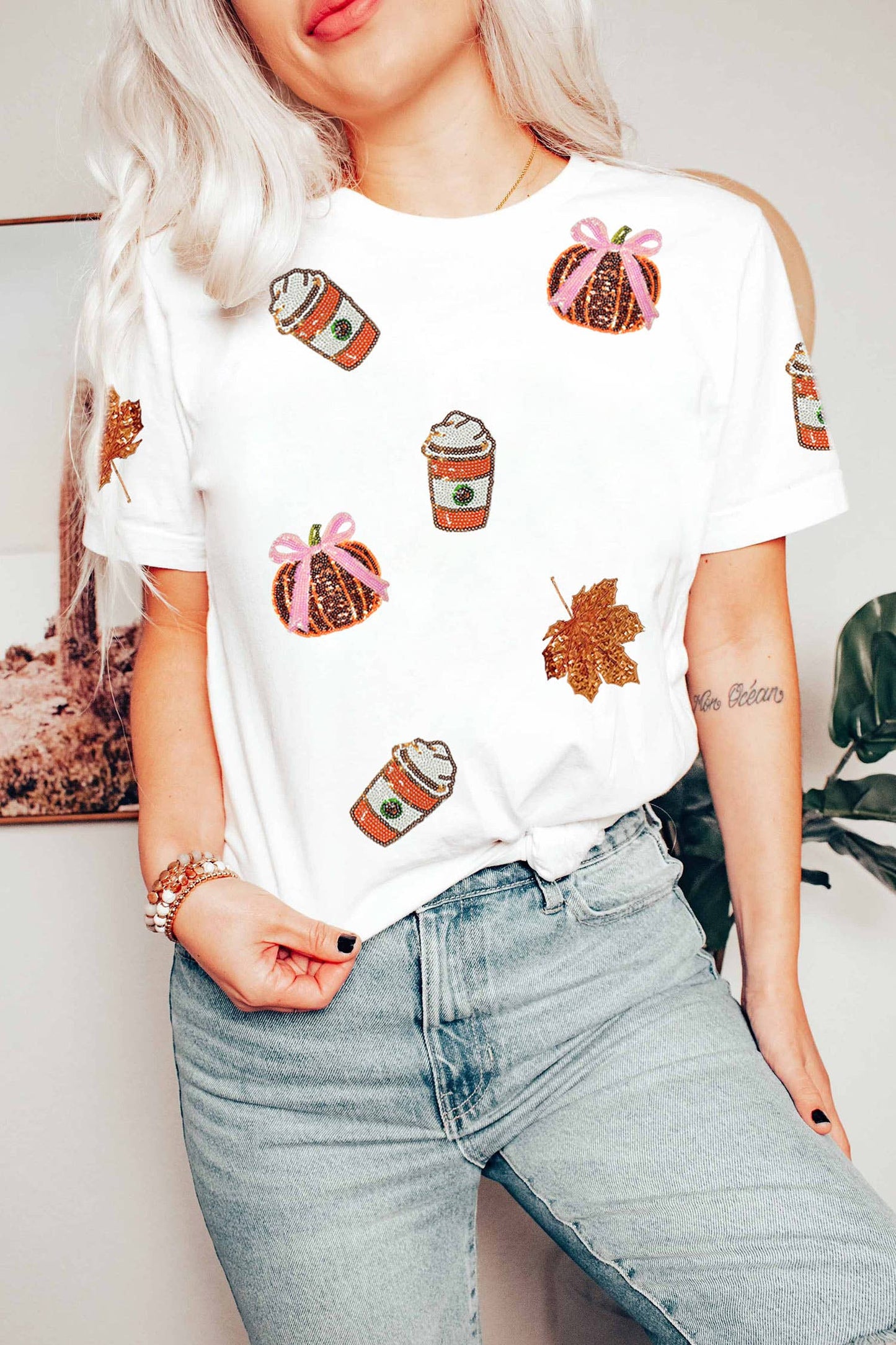 66DISCO - 66Sequined Pumpkin Fall Graphic Casual Shift T Shirt (S-3XL): White / M