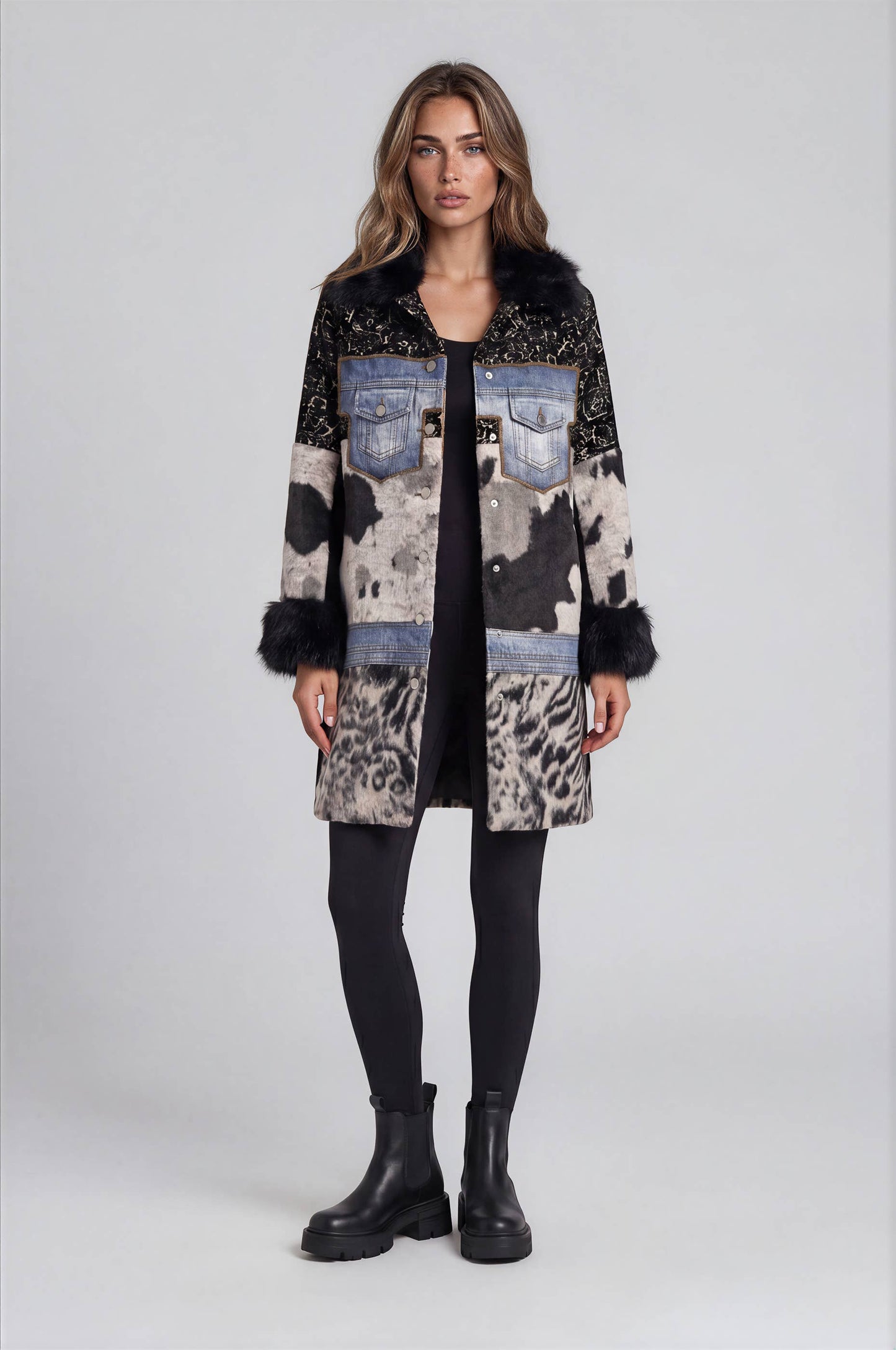 Adore - 2644 Mixed Media Faux Fur Statement Coat: S