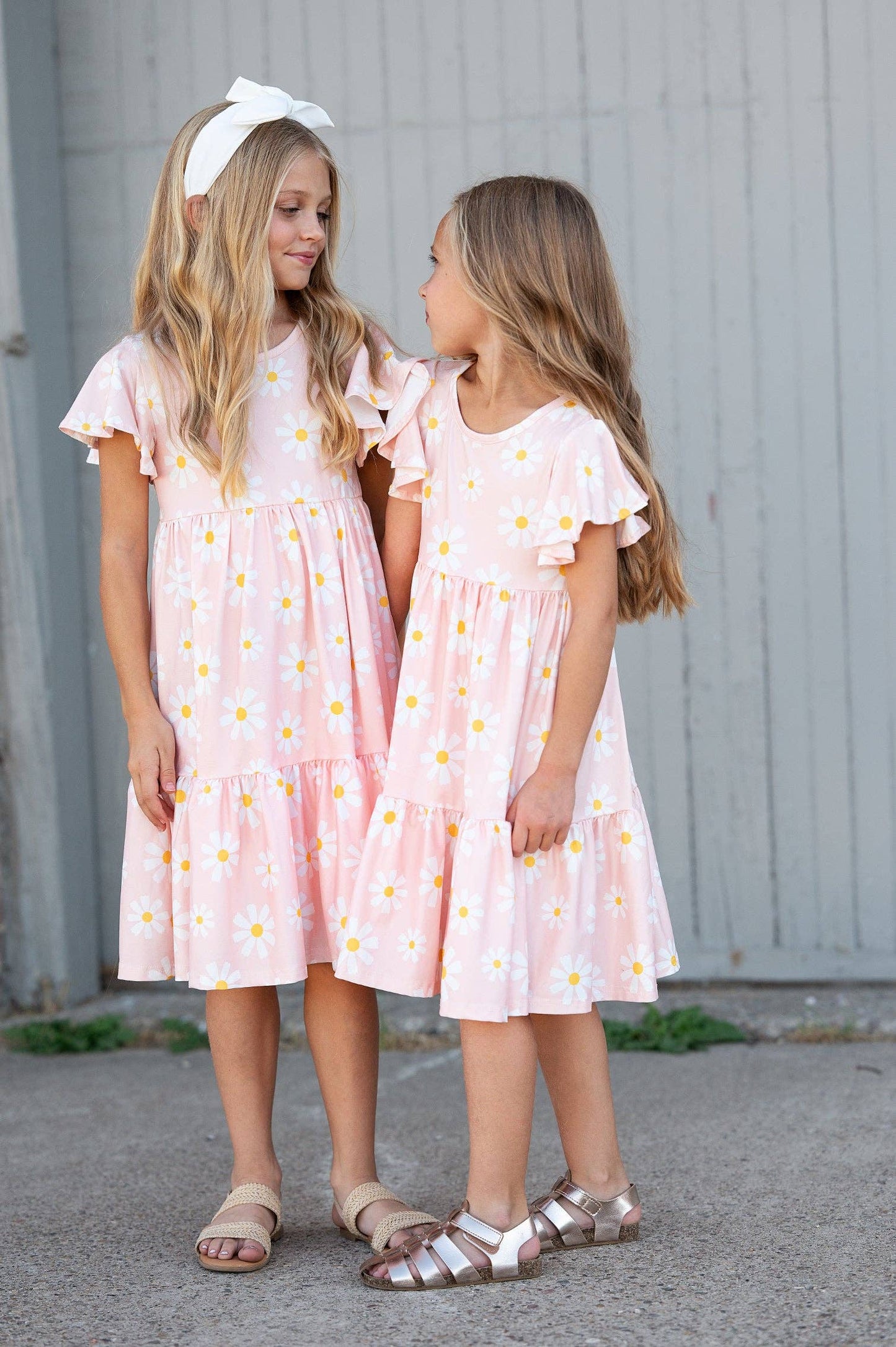 Oopsie Daisy - Girls Emma Pink Spring Daisy Flutter Sleeve Twirl Dress: 7/8